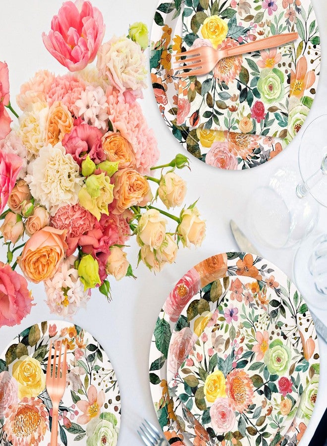 JarThenaAMCS 100Pcs Floral Party Supplies Kit Serves 25 Watercolor Flower 9 & 7 Inch Paper Plates Napkins Pink Forks for Wedding Bridal Shower Birthday - Image 4