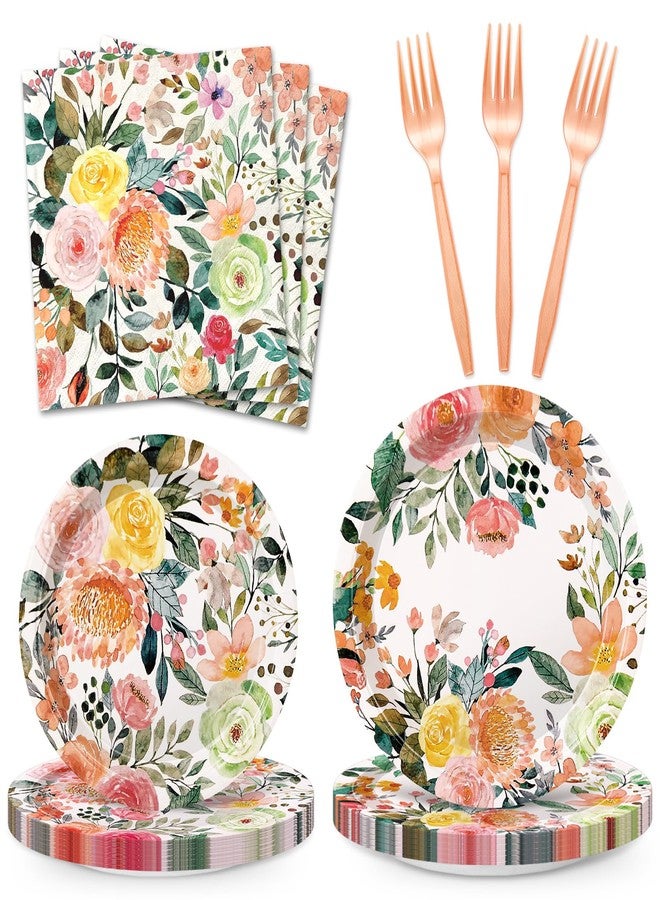 JarThenaAMCS 100Pcs Floral Party Supplies Kit Serves 25 Watercolor Flower 9 & 7 Inch Paper Plates Napkins Pink Forks for Wedding Bridal Shower Birthday - Image 1