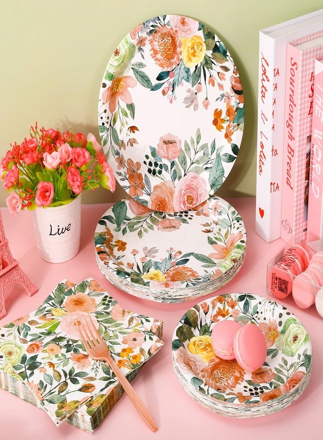 JarThenaAMCS 100Pcs Floral Party Supplies Kit Serves 25 Watercolor Flower 9 & 7 Inch Paper Plates Napkins Pink Forks for Wedding Bridal Shower Birthday - Image 5