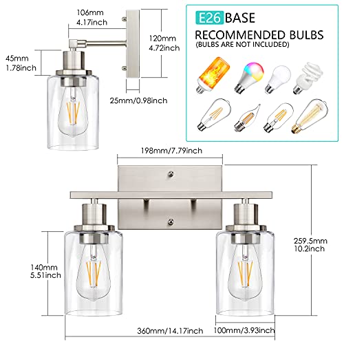 ShineTech 2-Light Bathroom Light Fixtures, Modern Vanity Lights with Clear Glass Shade, Brushed Nickel Bathroom Vanity Light Over Mirror, Living Room - Image 2