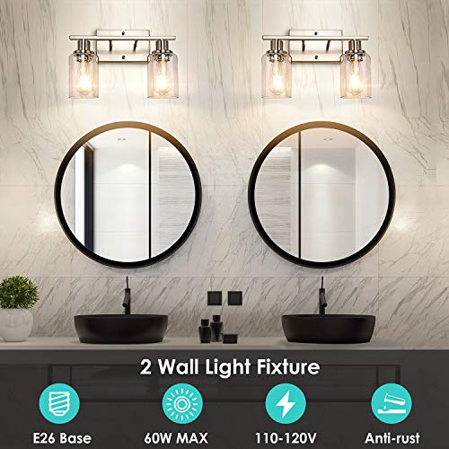 ShineTech 2-Light Bathroom Light Fixtures, Modern Vanity Lights with Clear Glass Shade, Brushed Nickel Bathroom Vanity Light Over Mirror, Living Room - Image 3