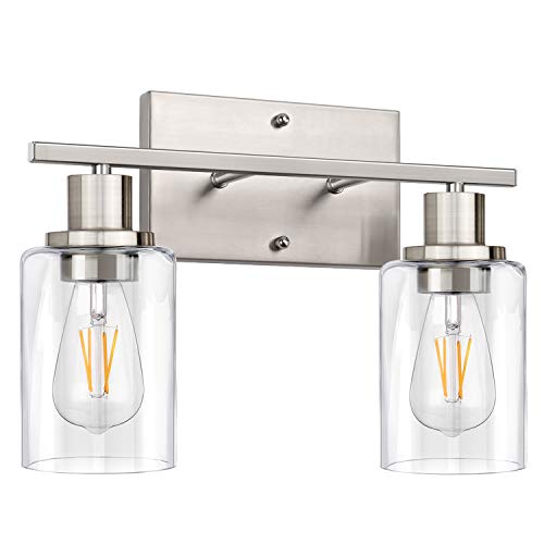 ShineTech 2-Light Bathroom Light Fixtures, Modern Vanity Lights with Clear Glass Shade, Brushed Nickel Bathroom Vanity Light Over Mirror, Living Room - Image 1