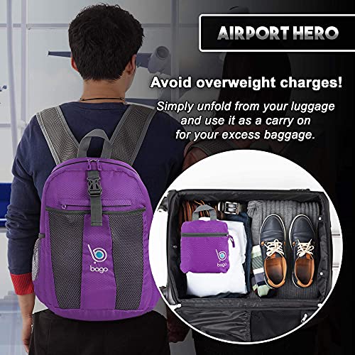 Bago Lightweight Small Hiking Backpack for Women and Men - 25L Travel Day Pack - Foldable Hiking Daypack Ultralight for Camping Outdoor Sports - Day Bag Packable Backpack for Travel (Purple) - Image 4