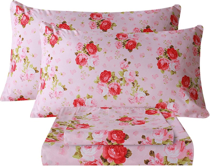 Bedlifes California King Sheet Sets Ultra Soft Breathable Silky Flower Bed Sheets Deep Pocket 100% Microfiber Bedding Sheets 4 Piece Cali King Size Pink Floral(Red Rose) - Image 1