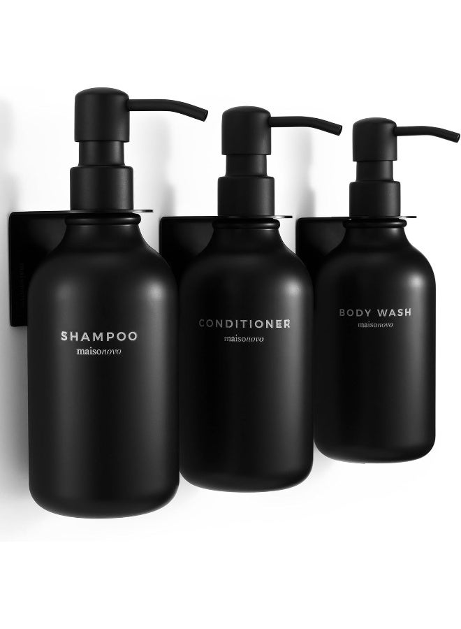 MaisoNovo Shampoo Dispenser for Shower Wall 3 Chamber - Drill Free Soap Dispenser Wall Mount with Waterproof Labels | 3 Black Plastic Bottles 3 Black Wall Mounts - Image 1