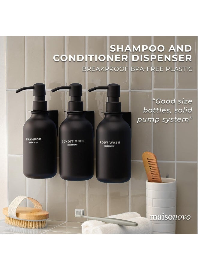 MaisoNovo Shampoo Dispenser for Shower Wall 3 Chamber - Drill Free Soap Dispenser Wall Mount with Waterproof Labels | 3 Black Plastic Bottles 3 Black Wall Mounts - Image 3