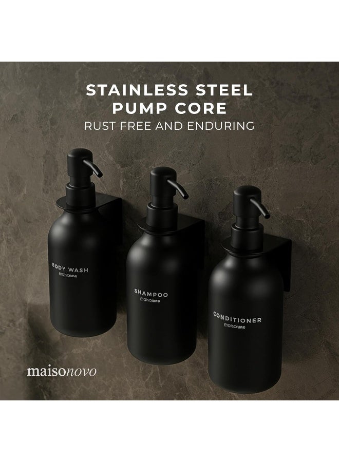 MaisoNovo Shampoo Dispenser for Shower Wall 3 Chamber - Drill Free Soap Dispenser Wall Mount with Waterproof Labels | 3 Black Plastic Bottles 3 Black Wall Mounts - Image 4