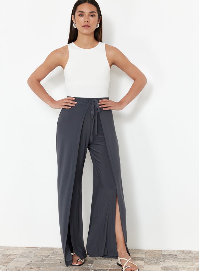 trendyol Anthracite Tie Detailed Slit Flexible Trousers TWOSS24PL00135 - Image 2