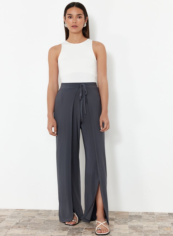 trendyol Anthracite Tie Detailed Slit Flexible Trousers TWOSS24PL00135 - Image 1