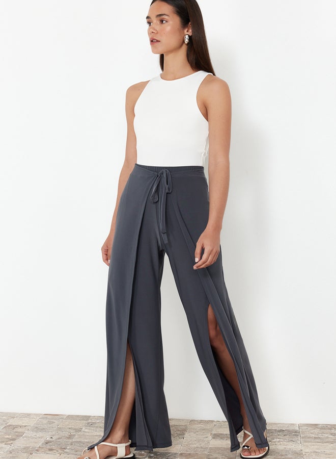 trendyol Anthracite Tie Detailed Slit Flexible Trousers TWOSS24PL00135 - Image 3