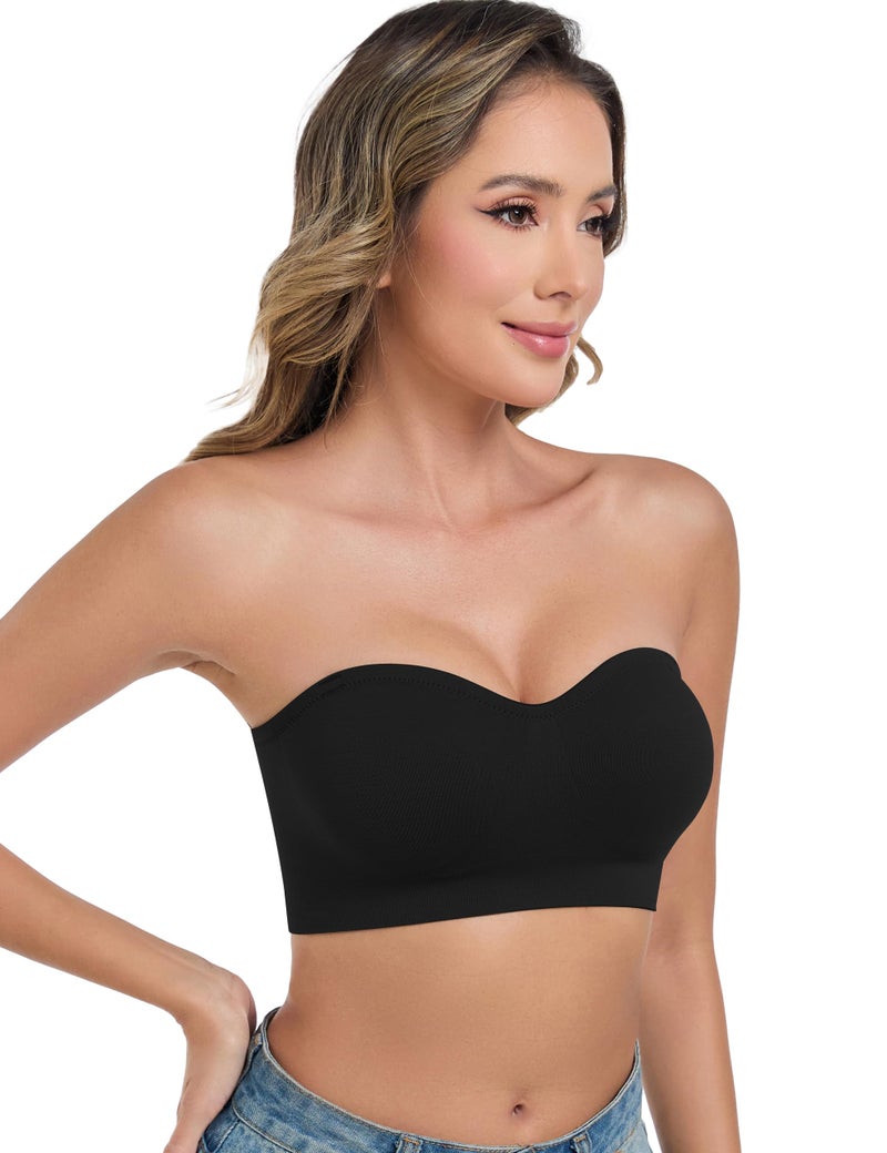 ANGOOL Strapless Bras for Women Wirefree Non-Slip Tube Top Invisible Bralette Seamless Padded Bandeau Bra, Black, S - Image 2