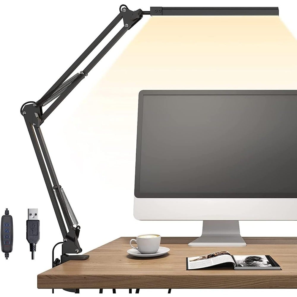 Bukela LED Desk Lamp Adjustable Swing Arm Desk Light with Clamp 3 Lighting Modes 10 Brightness Levels Eye Caring Reading Light Memory Function Table Lamp for Home Office Reading