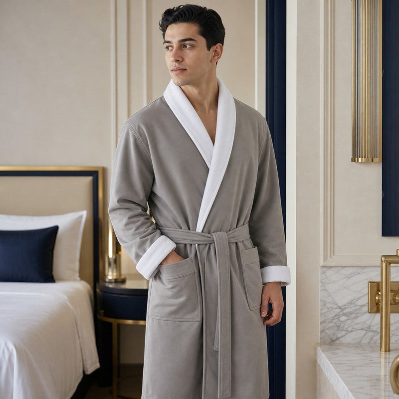 TM HOME Royal VIP Unisex Bathrobe, Microfiber Inner and Natural Cotton Satin-Finish Outer, Highly Absorbent, Premium Hotel Quality, Grey - Image 3