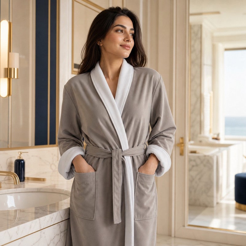 TM HOME Royal VIP Unisex Bathrobe, Microfiber Inner and Natural Cotton Satin-Finish Outer, Highly Absorbent, Premium Hotel Quality, Grey - Image 4