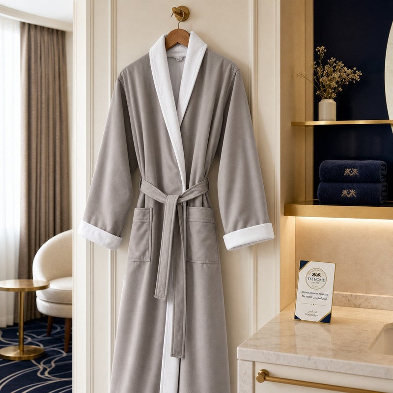 TM HOME Royal VIP Unisex Bathrobe, Microfiber Inner and Natural Cotton Satin-Finish Outer, Highly Absorbent, Premium Hotel Quality, Grey - Image 2
