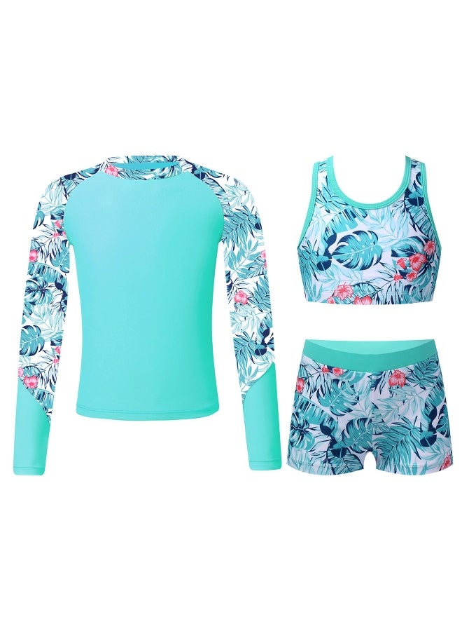 Girls 3 Piece Swimsuit Set Long Sleeve Rash Guard Mock Neck Top Strappy Back Crop Top Swim Shorts UPF Sun Protection