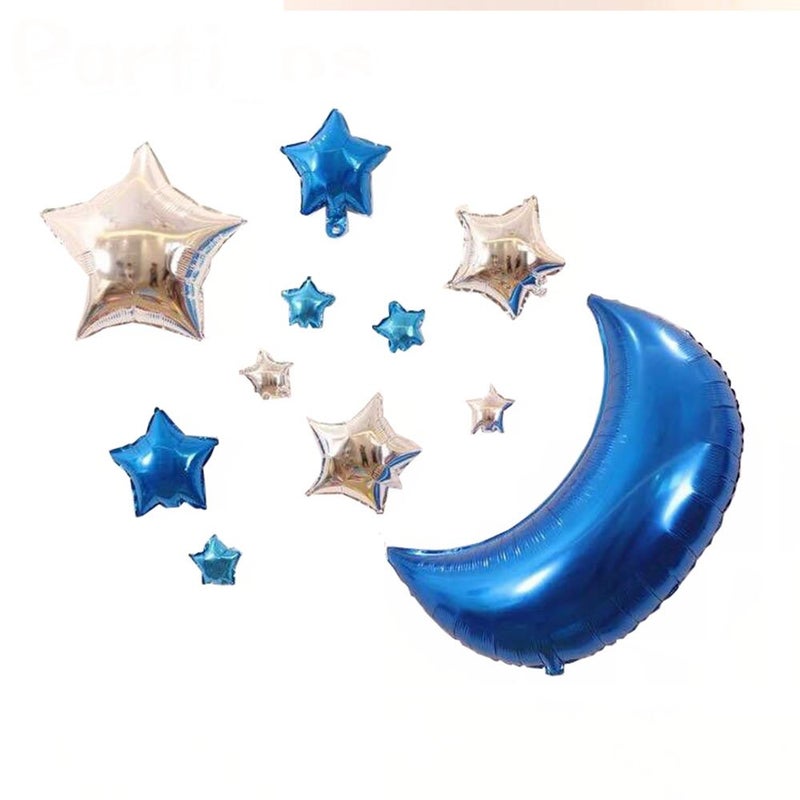 AnnoDeel 11pcs Star Mylar Balloons 30in Big Blue Moon 18in Silver Star Foil Balloons for Baby Party Wedding Birthday Decorations