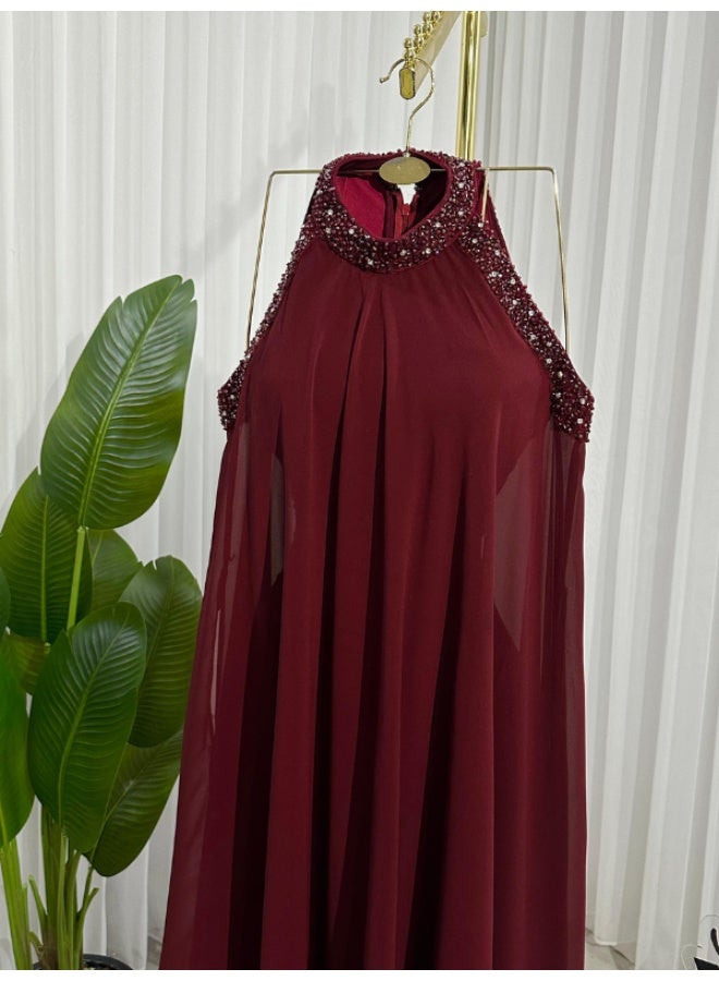 NICE MODEL Royal Burgundy High Neck Halter Evening Gown - Luxury Embroidered Floor Length Formal Dress - Image 4