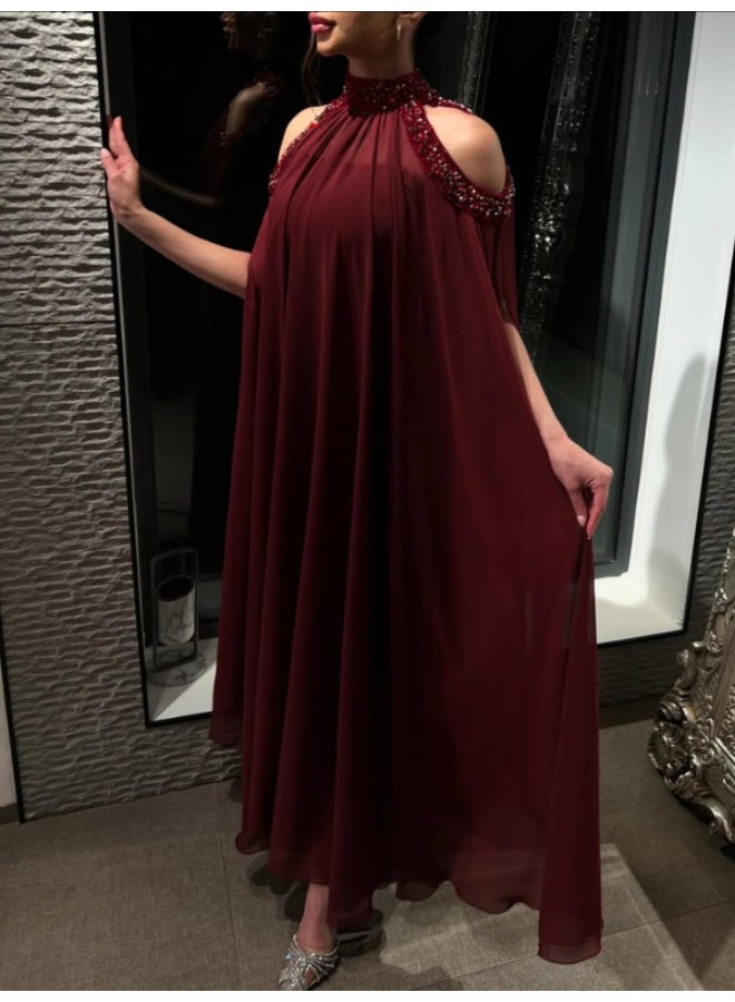 NICE MODEL Royal Burgundy High Neck Halter Evening Gown - Luxury Embroidered Floor Length Formal Dress - Image 3