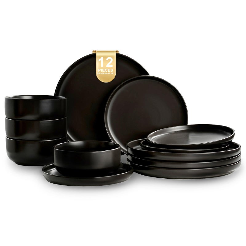 EWFEN Plates and Bowls Sets, 12 Pieces Ceramic Dinnerware Set for 4, Stoneware Dishware Dishes Set, Scratch Resistant Dishes Set, Dishwasher & Microwave Safe, Black - Image 1