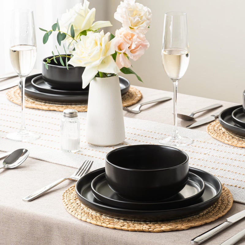 EWFEN Plates and Bowls Sets, 12 Pieces Ceramic Dinnerware Set for 4, Stoneware Dishware Dishes Set, Scratch Resistant Dishes Set, Dishwasher & Microwave Safe, Black - Image 5