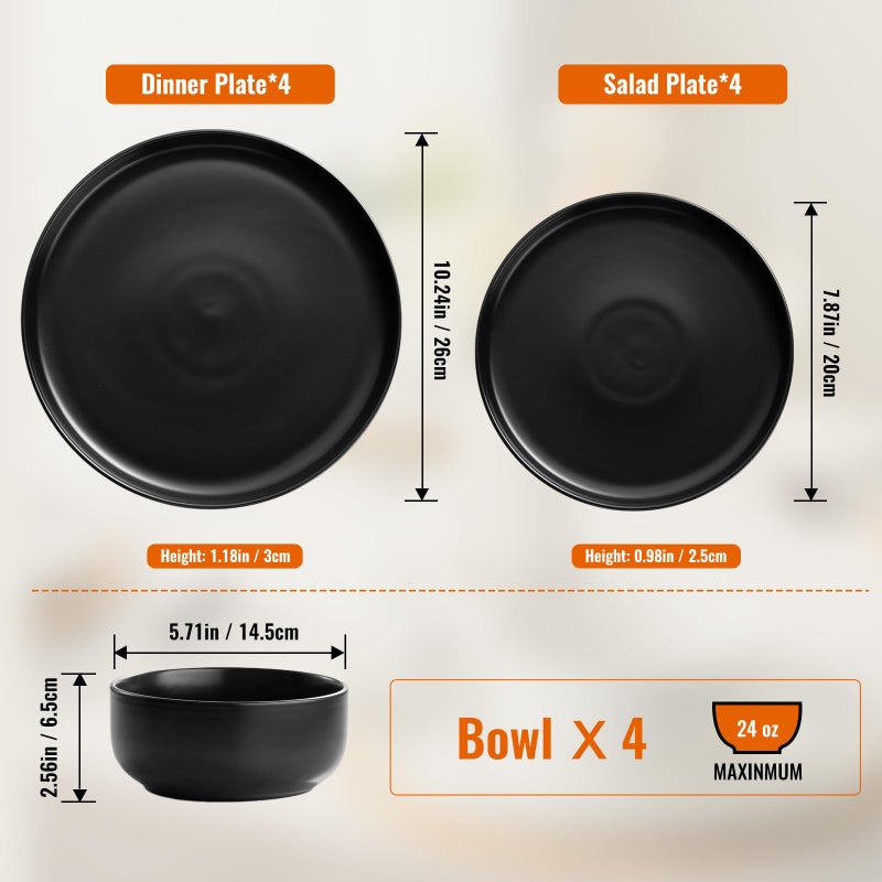 EWFEN Plates and Bowls Sets, 12 Pieces Ceramic Dinnerware Set for 4, Stoneware Dishware Dishes Set, Scratch Resistant Dishes Set, Dishwasher & Microwave Safe, Black - Image 4