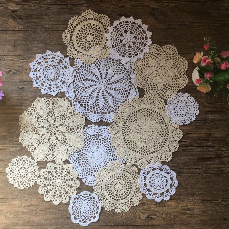 MINDPLUS Set of 14 Hand Crochet Doilies Cotton Crocheted Lace Doilies 410 Inches Round White Beige Vintage Wedding Tea Party
