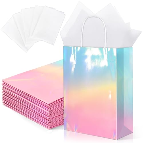 MIMIND 24 Pack Iridescent Paper Gift Bags with Handles Holographic Party Favor Bags with Tissue Paper 8.7 x 6.3 x 3.1 Inch Glitter Gradient Pink and Blue Goodie Candy Bag for Wedding Birthday Parties - Image 1