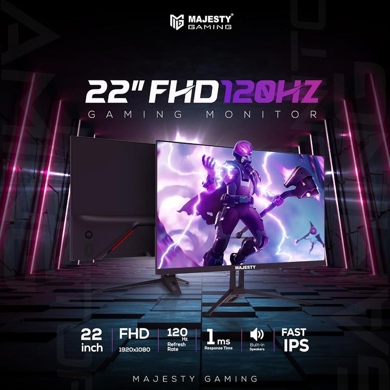 ماجيستي 1 شاشة ألعاب Majesty 22 بوصة بدقة FHD (1920x1080) تقنية IPS تردد عرض 120 هرتز (مع تعديل التردد إلى 120 هرتز) زمن استجابة 1 مللي ثانية دعم تقنية HDR نطاق ألوان 100% sRGB دعم تقنيات G-SYNC وFreeSync مكبرات صوت مدمجة منافذ HDMI - Image 2