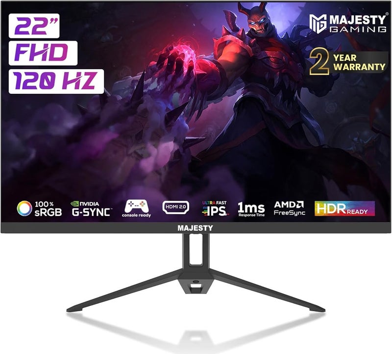 ماجيستي 1 شاشة ألعاب Majesty 22 بوصة بدقة FHD (1920x1080) تقنية IPS تردد عرض 120 هرتز (مع تعديل التردد إلى 120 هرتز) زمن استجابة 1 مللي ثانية دعم تقنية HDR نطاق ألوان 100% sRGB دعم تقنيات G-SYNC وFreeSync مكبرات صوت مدمجة منافذ HDMI - Image 1