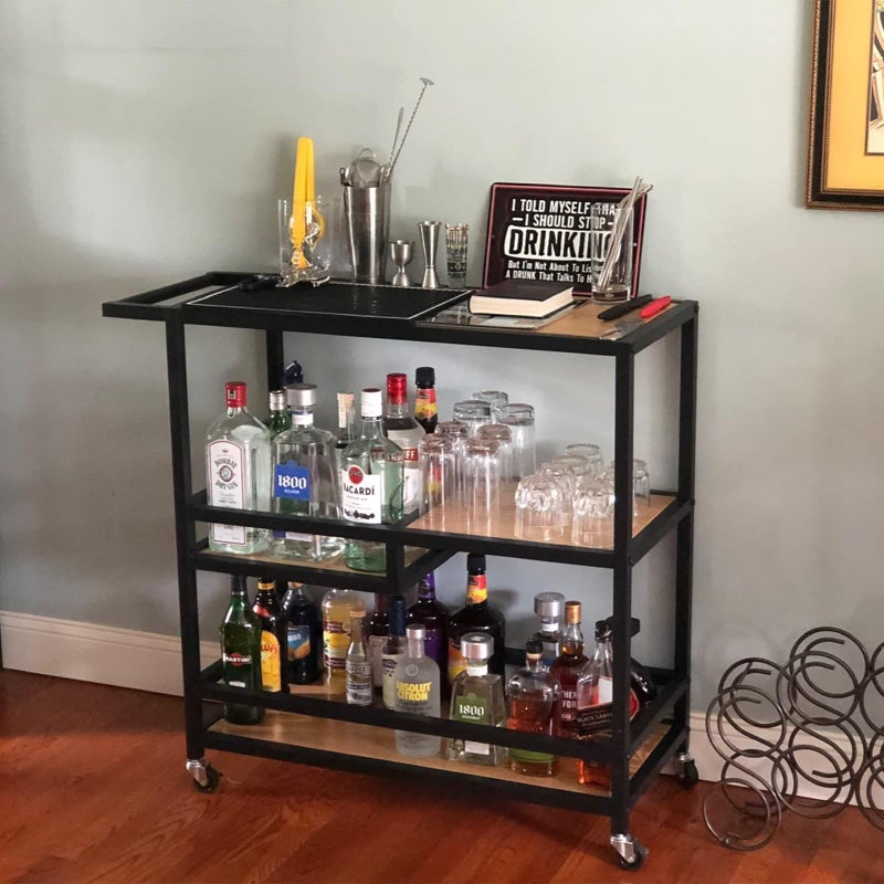 Bar and Serving Cart Industrial  Modern Rustic Rolling Bar and Serving Cart3Tiered Wood  Metal Kitchen Bar Cart Island with WheelsMove Storage CoffeeWine Island ShelfBlack
