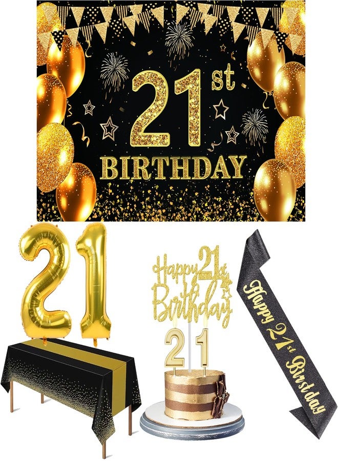 YeohJoy 21st Birthday Decorations for Him Her with 21st Birthday Banner, Black and Gold Table Cloth, 21 Number Balloons, 21st Birthday Sash, 21st Birthday Cake Topper and 21st Birthday Candles - Image 1