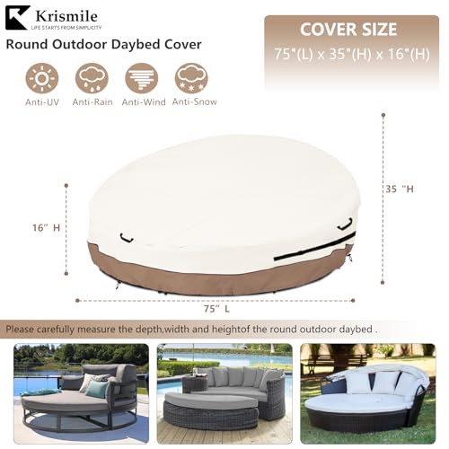 Krismile Heavy Duty 600D Waterproof Outdoor Daybed Cover for 75 Round Patio Sofa UVResistant AllWeather Protection Furniture Cover with Air Vent Fits 75 Dia x 3516 H Beige - Image 3