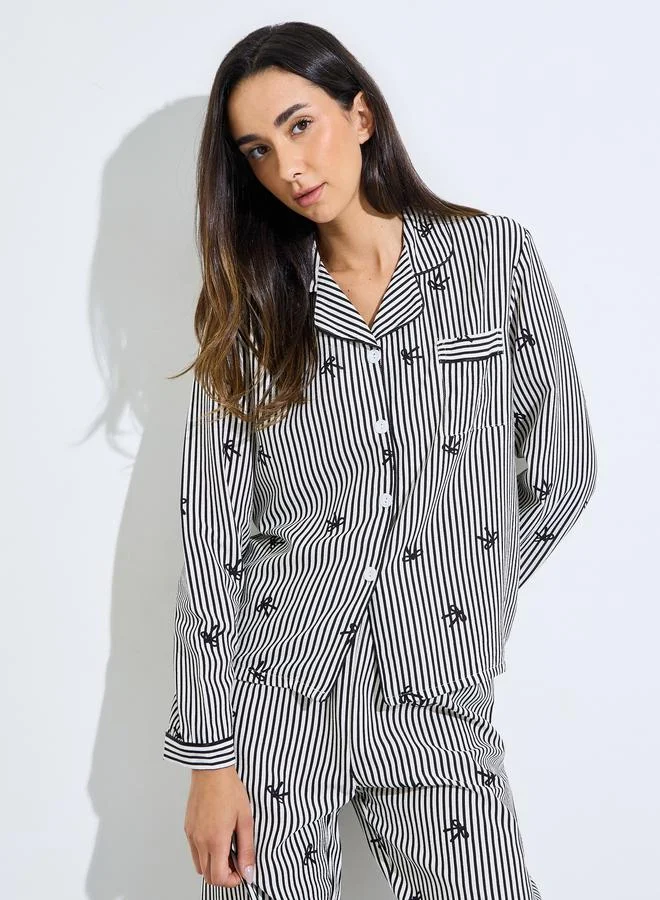 Styli Multi-Color Striped and Bow Print Shirt and Pants Pyjama Set