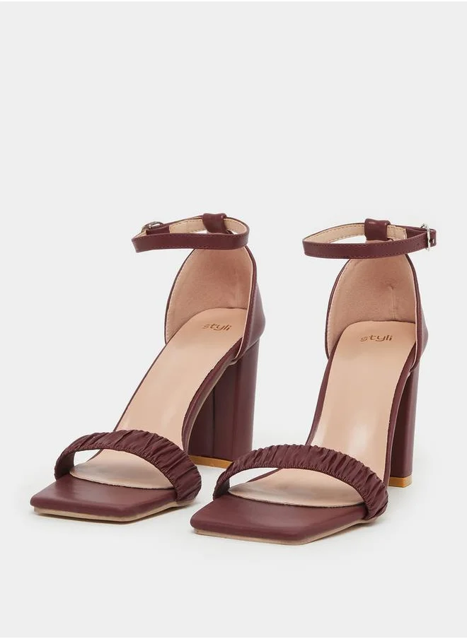 Styli Pleated Ankle Strap Block Heel Sandals