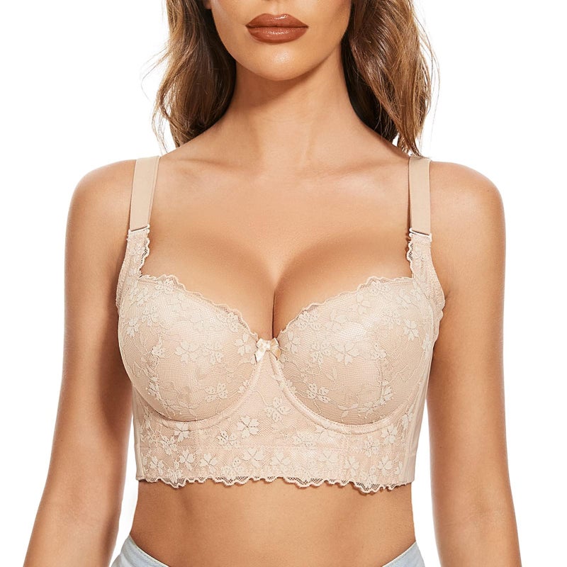 FallSweet Push Up Bras for Women Corset Top Bustier Padded Underwire Bra Add One Cup (Beige-Lace,38B) - Image 1