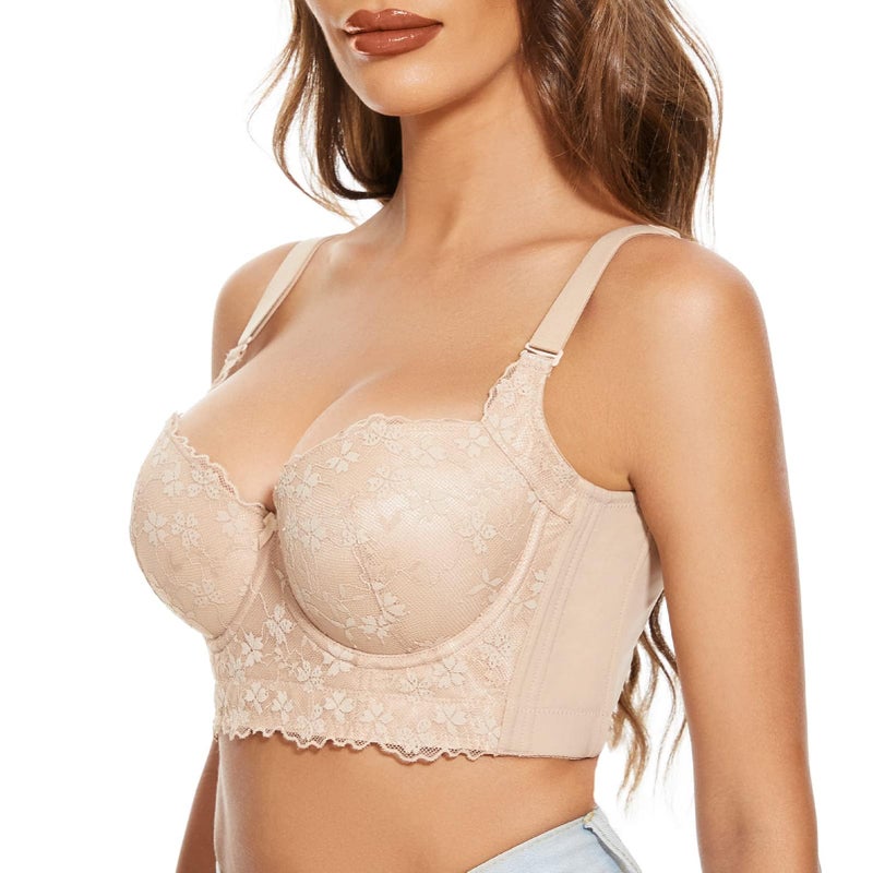 FallSweet Push Up Bras for Women Corset Top Bustier Padded Underwire Bra Add One Cup (Beige-Lace,38B) - Image 2
