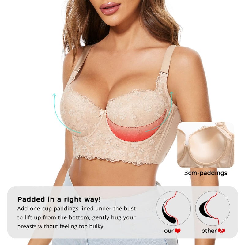 FallSweet Push Up Bras for Women Corset Top Bustier Padded Underwire Bra Add One Cup (Beige-Lace,38B) - Image 4