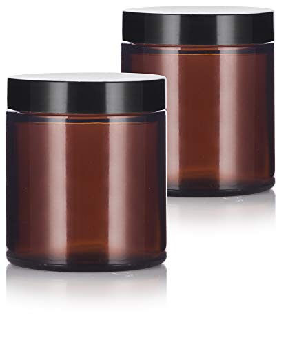 JUVITUS 4 oz / 120 ml Amber Glass Jar with Black Lid (2 pack) Airtight Smell Proof - Image 1