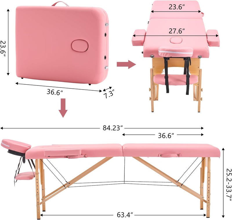 طاولة تدليك من يونيكي ( Massage Table)، محمولة وخفيفة الوزن، قابلة للطي والتعديل، مخصصة لعمليات وشوم الوجه، م��اسبة للسبا والعلاج الطبيعي، ويمكن استخدامها في صالونات التجميل المنزلية، بإطار خشبي باللون الوردي ومع ملحقات. - Image 2