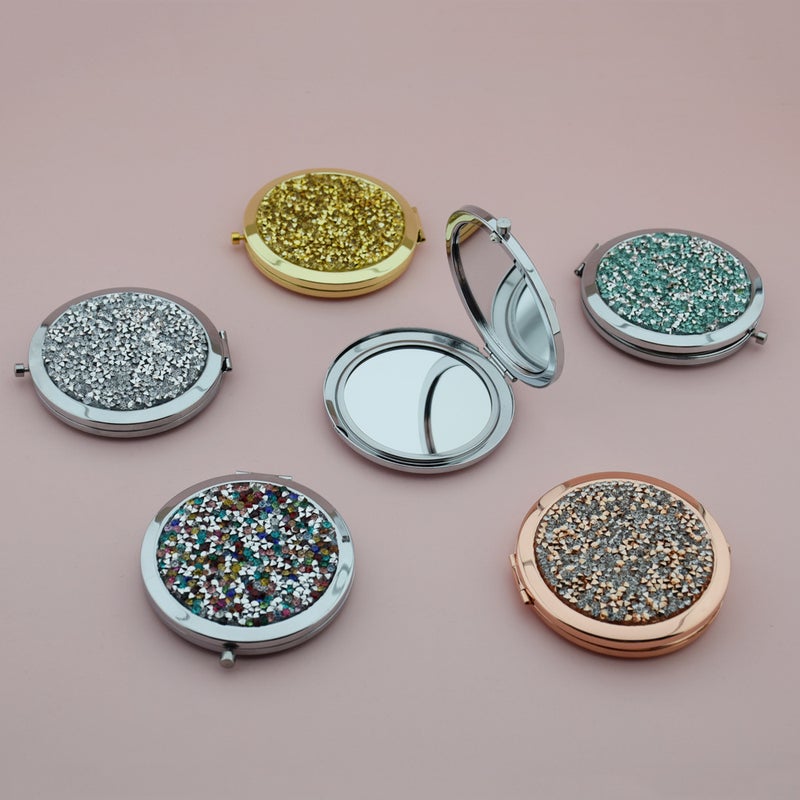 Crystal Diamond Round Double-Sided Mirror Portable Mini Flap Pocket Pants Mirror 70 Snap Gold Rose Gold Silver Small Mirror - Image 4