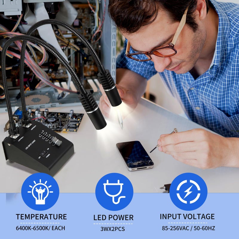 Baquler Microscope Light 6W 6500K Dual Gooseneck Spotlight Changeable LED Bulb Adjustable Illuminator Source for Industrial Biological Digital Stereo Microscope Camera, PCB Repair, Soldering - Image 5