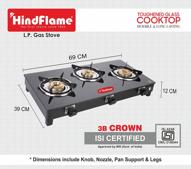 Hindflame 3 Burner Crown Series Digital Toughened Glass LPG Cooktop, Manual Ignition Gas Stove with 1 Year Warranty (ISI Approved) Brand: Hindflame (3 BURNER BLACK) - Image 2