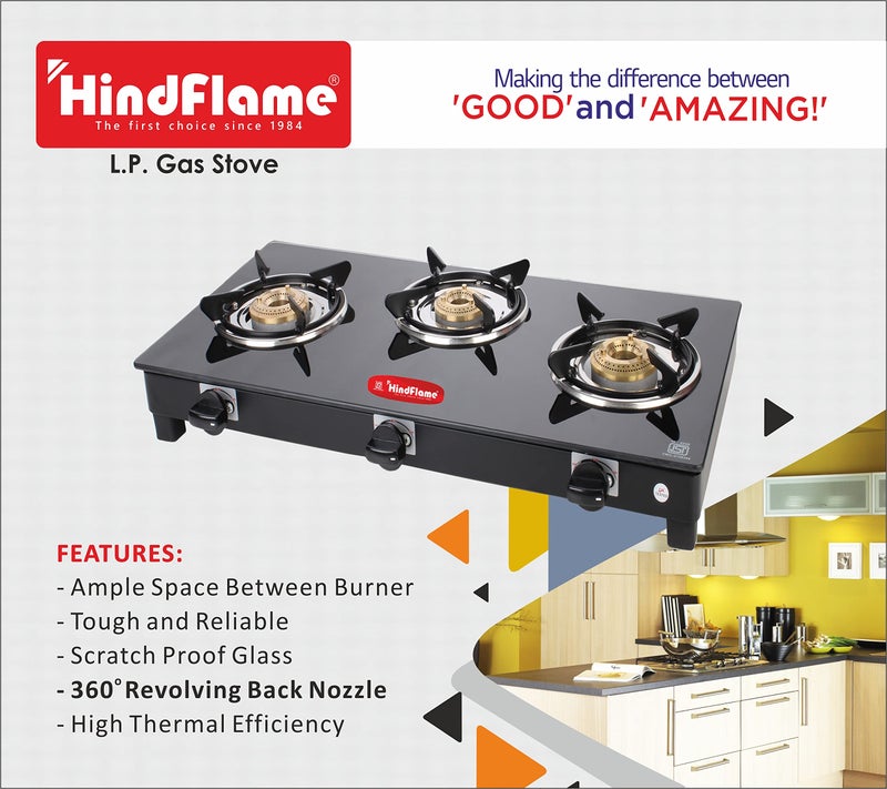 Hindflame 3 Burner Crown Series Digital Toughened Glass LPG Cooktop, Manual Ignition Gas Stove with 1 Year Warranty (ISI Approved) Brand: Hindflame (3 BURNER BLACK) - Image 4