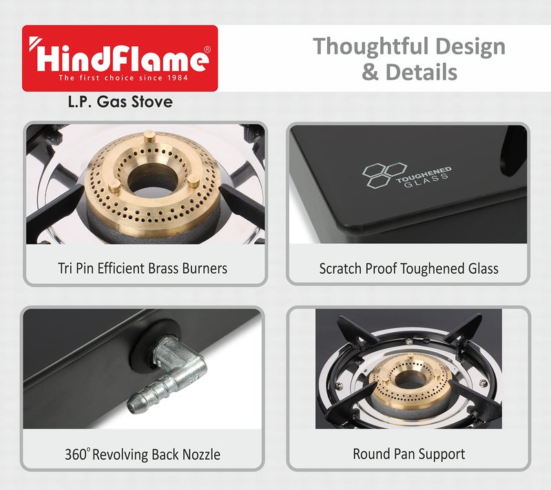 Hindflame 3 Burner Crown Series Digital Toughened Glass LPG Cooktop, Manual Ignition Gas Stove with 1 Year Warranty (ISI Approved) Brand: Hindflame (3 BURNER BLACK) - Image 3