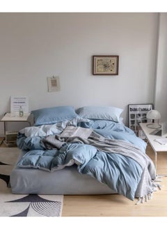 llwoo Single Size Bedsheet 4pcs One Set, High Quality Bedding Set Bedding Cover 1 Fitted Sheet, 1 Flat Sheet & 2 Pillowcases (Single Size, Grey and Blue )  - Image 1