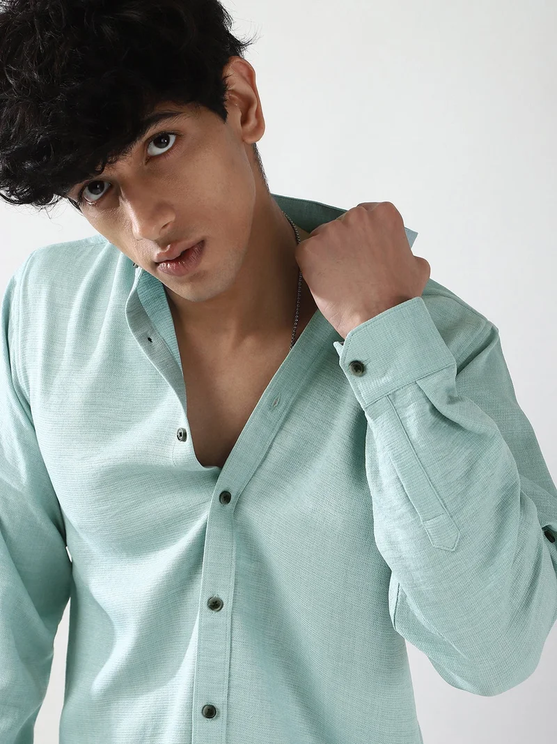 Urbano Fashion  Urbano Fashion Men's Light Blue Linen Blend Full Sleeve Relaxed Fit Mandarin Collar Casual Solid Shirt  | Best Price UAE