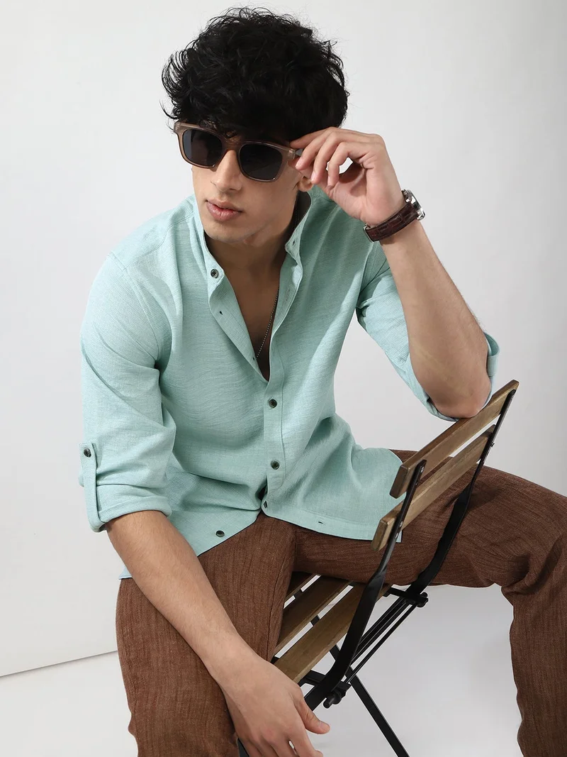 Urbano Fashion  Urbano Fashion Men's Light Blue Linen Blend Full Sleeve Relaxed Fit Mandarin Collar Casual Solid Shirt  | Best Price UAE
