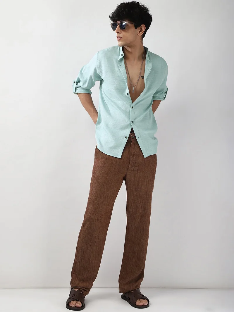 Urbano Fashion  Urbano Fashion Men's Light Blue Linen Blend Full Sleeve Relaxed Fit Mandarin Collar Casual Solid Shirt  | Best Price UAE