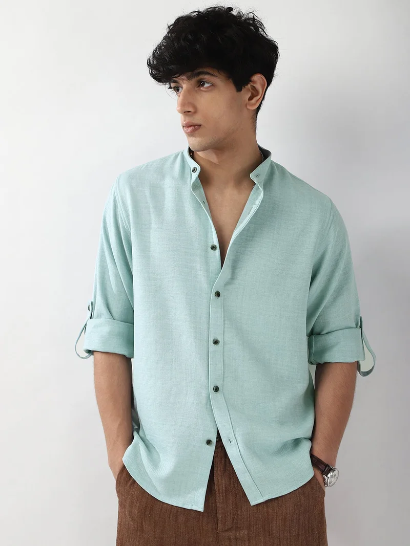Urbano Fashion Men's Light Blue Linen Blend Full Sleeve Relaxed Fit Mandarin Collar Casual Solid Shirt
